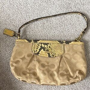 Coach Tan Signature Jacquard Wristlet with Snake-Print Trim